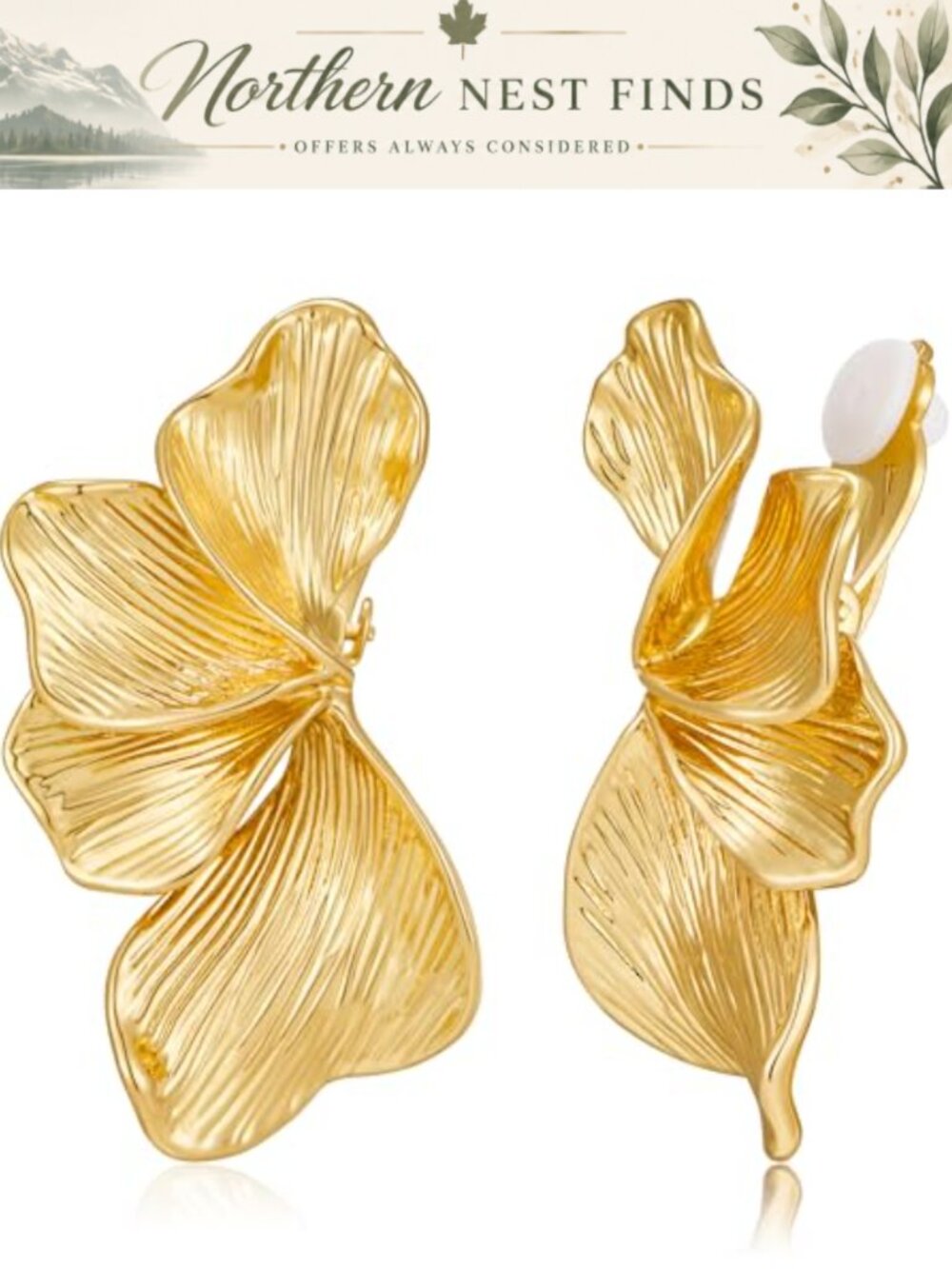 Chunky Flower Clip On Earrings Women Gold Matte Finish No Piercing